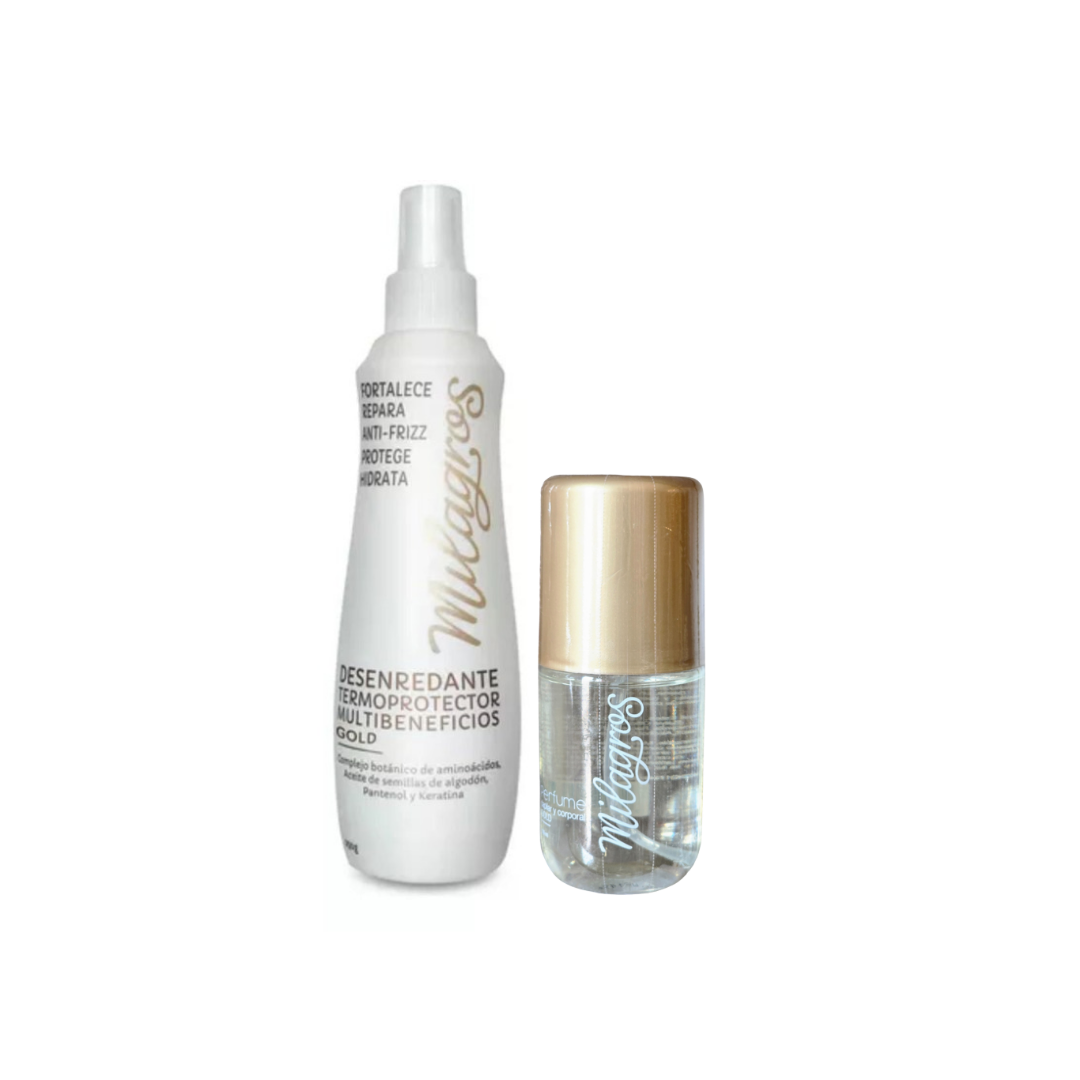 Duo Edición Limitada Gold | Perfume capilar + Termoprotector Desenredante Milagros